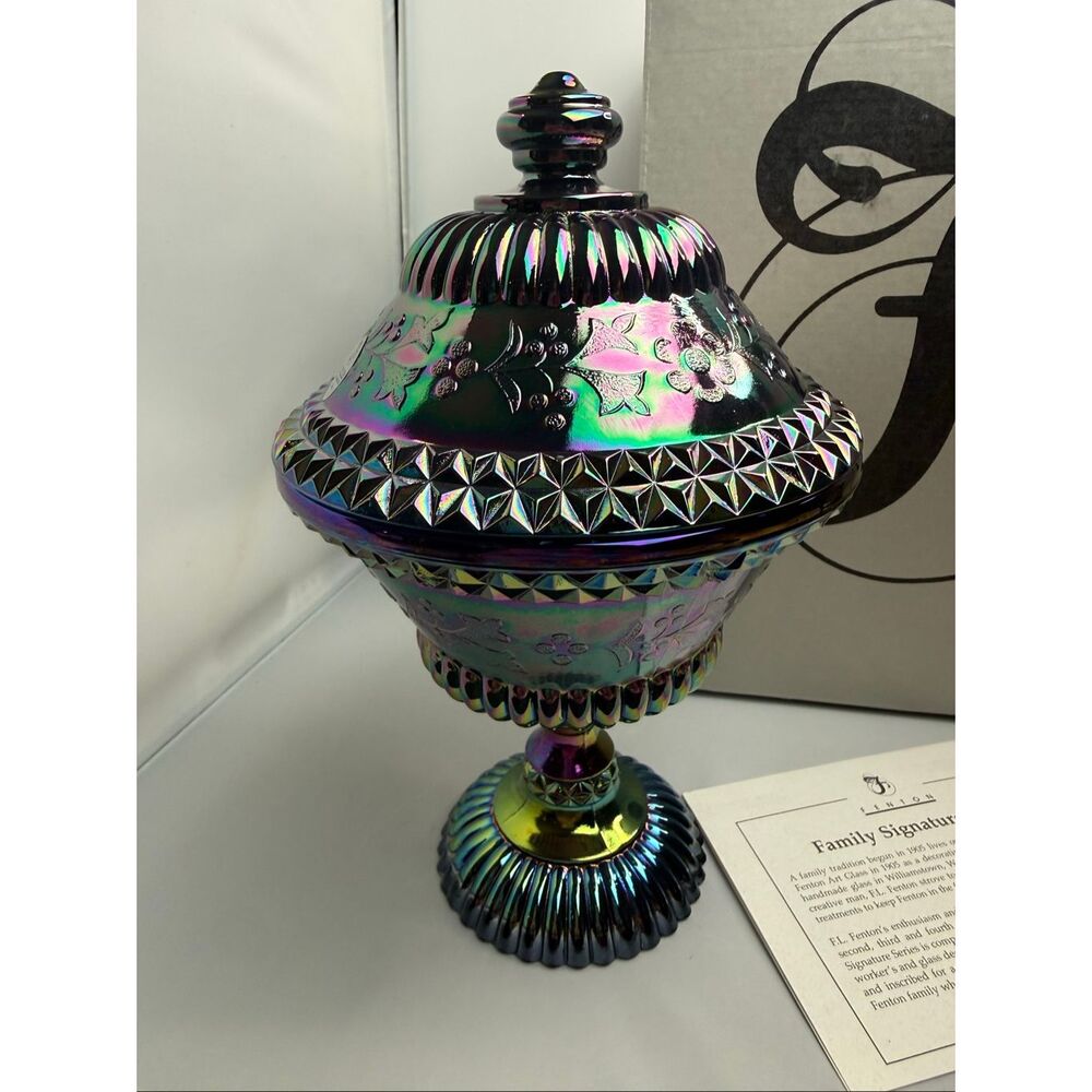 FENTON CARNIVAL COMPORT ART GLASS 2002 LE #14 family sig. FRANK M. FENTON with - Picture 2 of 9